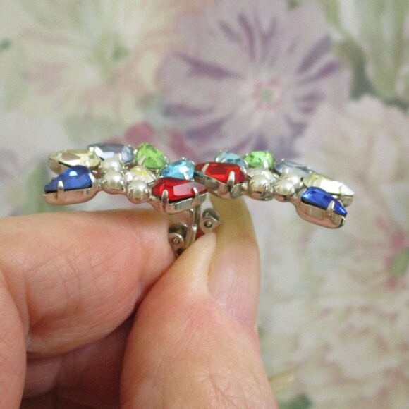 Vintage B DAVID Crystal Rhinestone Pearl Clip Earrings ~ Designer Earrings - Picture 9 of 11